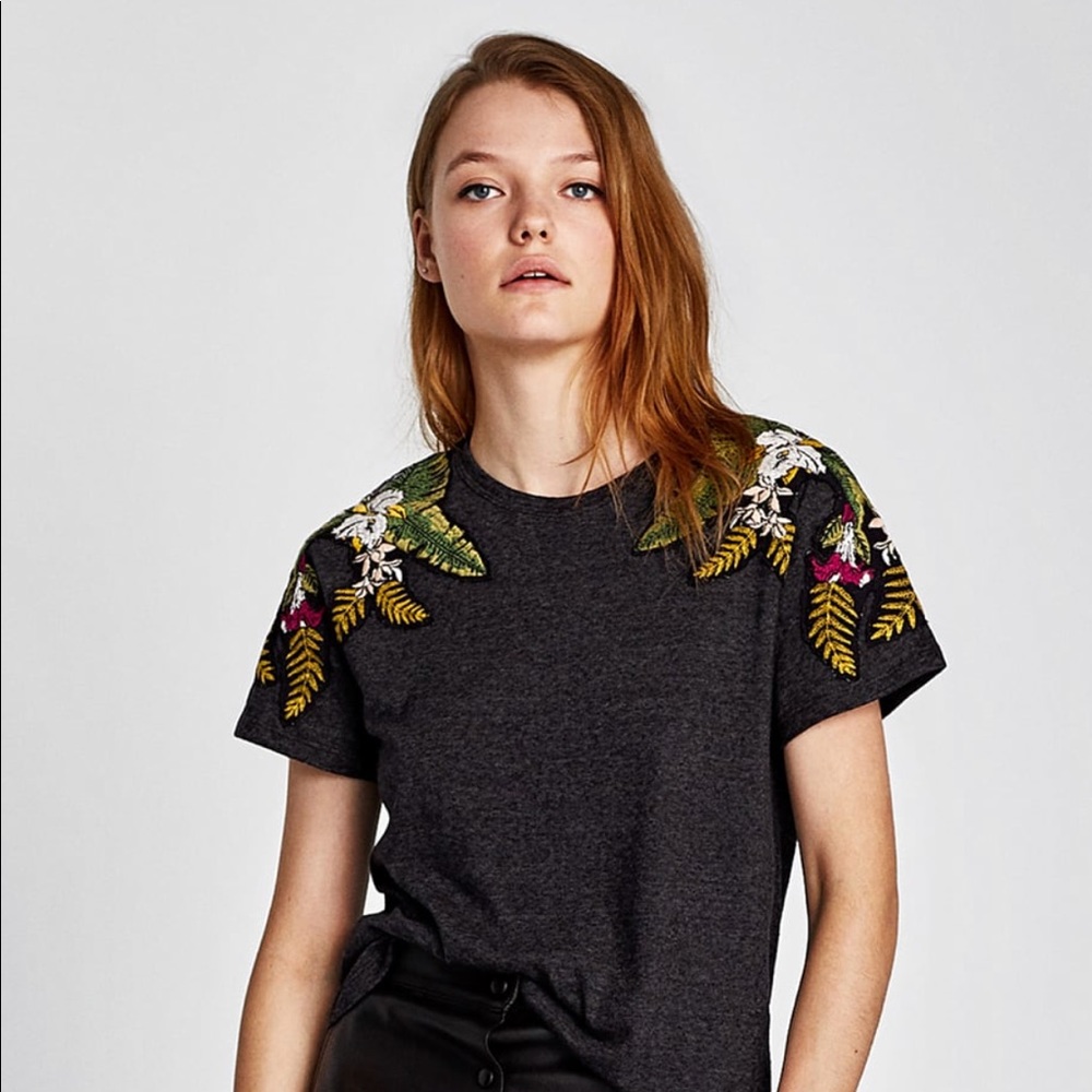 Zara Gray Marl T-shirt with embroidered shoulders